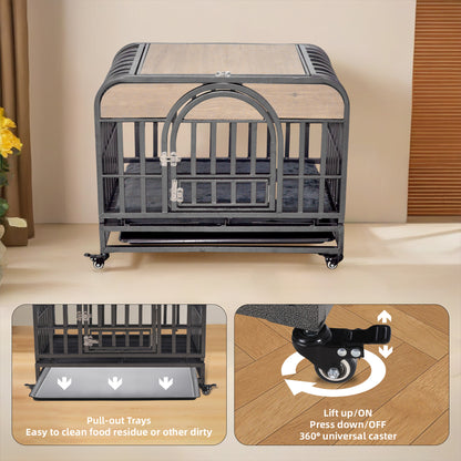 46In Heavy Duty Dog Crate, Furniture Style Dog Crate with Removable Trays and Wheels for High Anxiety Dogs