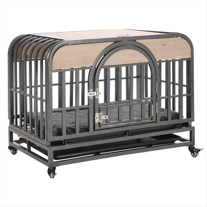 46In Heavy Duty Dog Crate, Furniture Style Dog Crate with Removable Trays and Wheels for High Anxiety Dogs